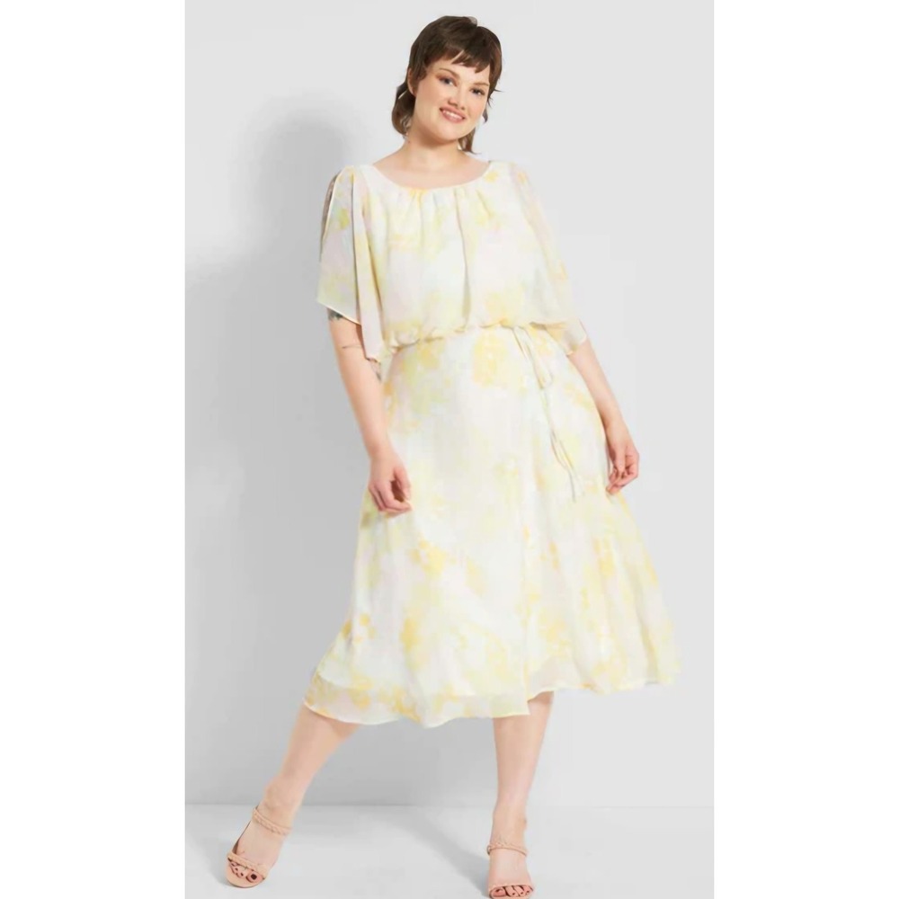 ModCloth Flutter Midi Dress Women L Yellow Floral Cold Shoulder Chiffon Romantic